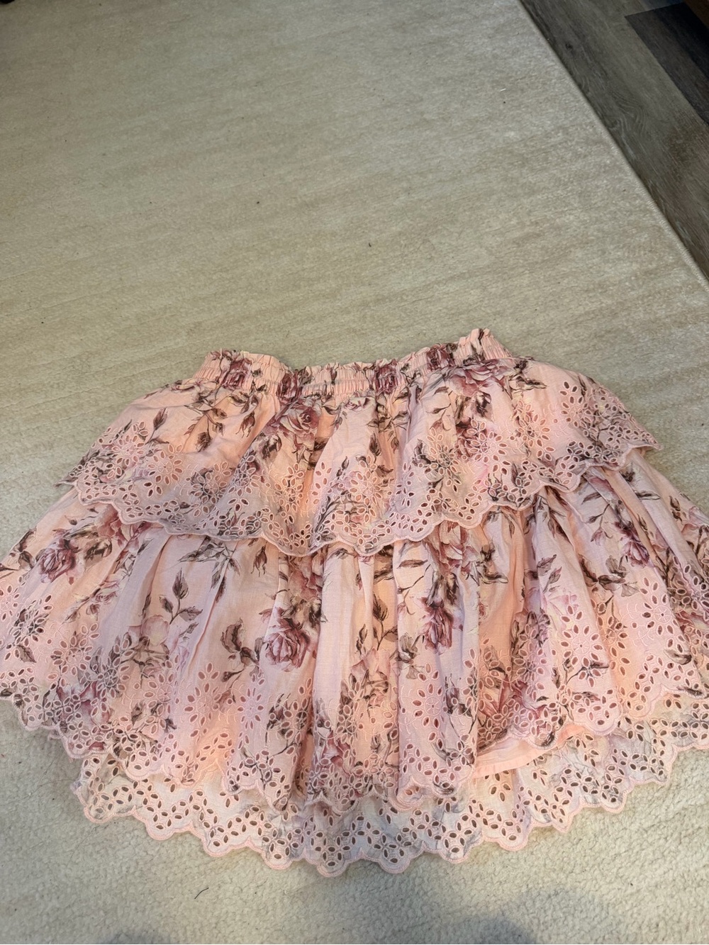 LoveShackFancy Pink Floral Eyelet Tiered Mini Skirt